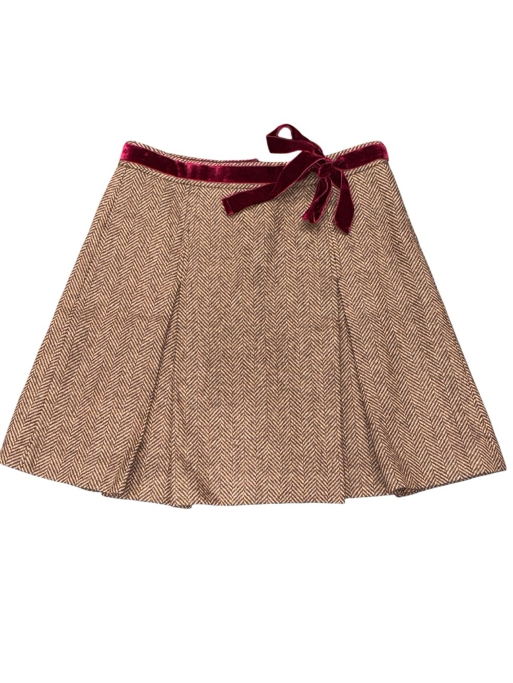 J Crew Women’s Vintage Wool Pleated A-Line Skirt with Burgundy Velvet Waist Tie